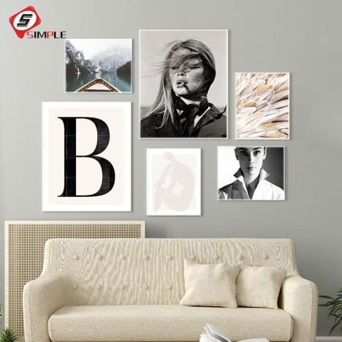 Fashion Star Portrait Canvas Prints Modern Black White Girl Smoking Painting Nordic Feather Picture Poster For Living Room Decor