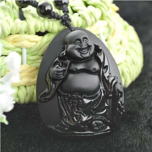 Fashion Chinese Budai Buddha Pendant Necklace Natural Obsidian Carved Sweater Chain Necklace