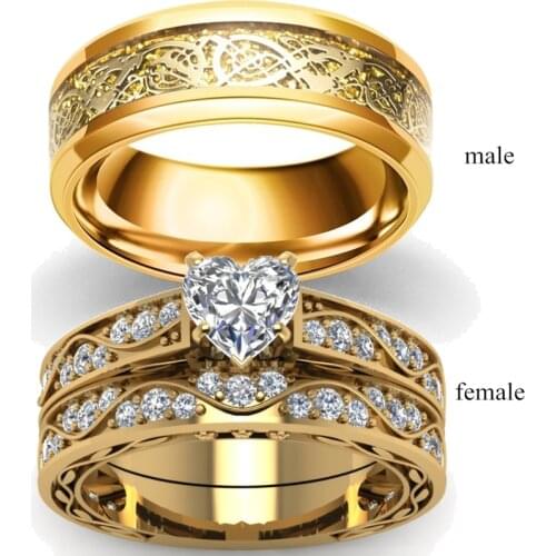 Fashion Lovers Rings Vintage Men Stainless Steel Celtic Dragon Ring Romantic Heart Zircon Ring Set Bridal Engagement Gift
