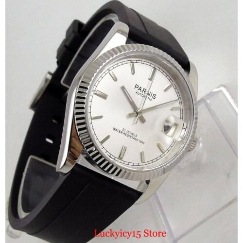 PARNIS Dress Self Winding 36mm Men Watch Sapphire Glass Date Window Automatic Movement White Dial Rubber Strap