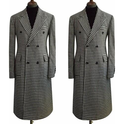 White/Black Mens Houndstooth Wool Long Jacket Double-Breasted Peak Lapel Overcoat Slim FIt Plaid Check Groom Wear Blazer Tuxedo