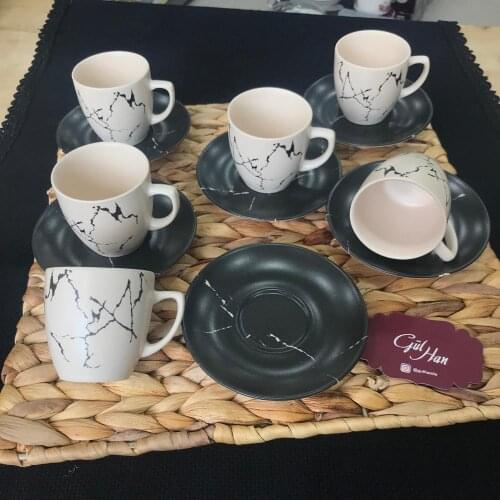 Turkish coffee cup set 12 Piece Marble Pattern Matte Black 6 seater ceramic