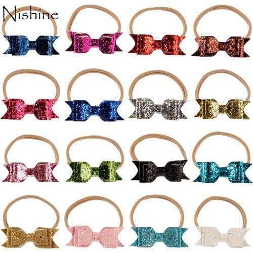NISHINE Sequin Bow Nylon Headband Women Baby Girl Glitter Hair Bow Kids Hairband For Children Hair Accessories Toddler Headwear