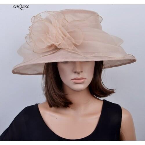 Wholesale Elegant NEW Beige big organza hats bridal with feathers for wedding womens hat/races/party/church