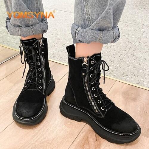 YQMSYNA Casual Ankle Boots Genuine Leather Handmade Round Toe Zipper Sewing Flat With Boots Convenient Lace-up Lady Shoes AS330