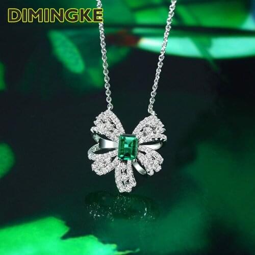 DIMINGKE 5*7 Luxury Emerald Bow Pendant Necklace S925 Jewelry Sterling Silver Party Birthday Lover Super Flash Gift
