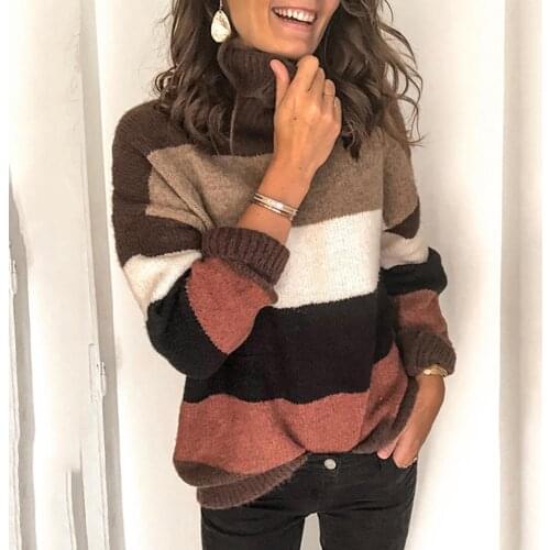 Women Stripe Patchwork Turtle Neck Long Sleeve Autumn Winter Sweater Pullovers