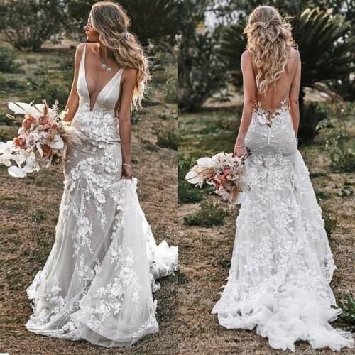 Vintage Mermaid Spaghetti V-neck Backless Lace Appliques 3D Flowers Wedding Dress 2021 Country Bridal Gown Plus Size Custom Made