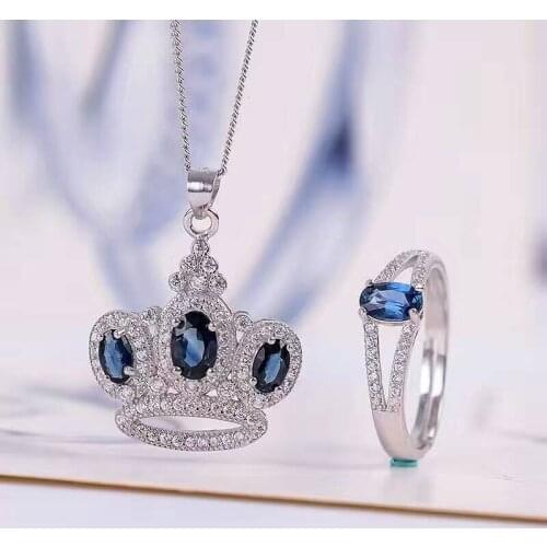 Vintage natural sapphire jewelry 4*6mm sapphire ring and sapphire pendant jewelry set solid 925 silver sapphire jewelry for lady