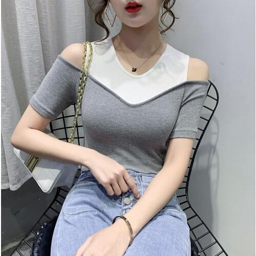 Gkfnmt Off Shoulder Patchwork T-shirt 2020 Fashion Short Sleeve O Neck Tops Summer T shirts Women Harajuku Tee Shirt Femme Haut