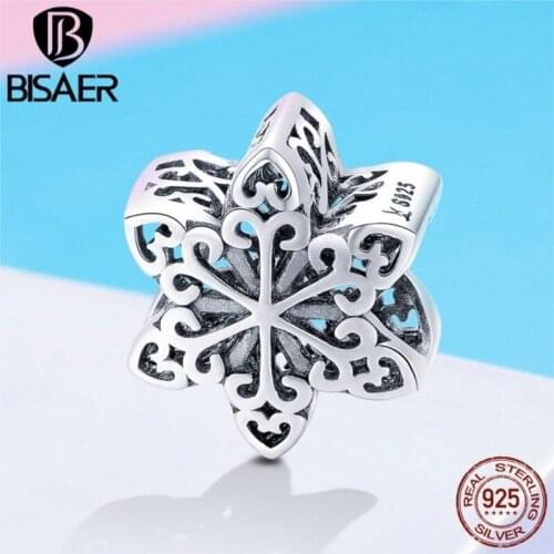BISAER 925 Sterling Silver Snowflake Charms Winter Snowflake Beads Fit Charm Bracelets for Women Beads Silver 925 Jewelry ECC719