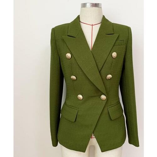 HIGH QUALITY New 2021 Fashion Designer Jacket Womens Classic Lion Buttons Double Breasted Slim Fit Textured Blazer Army Green