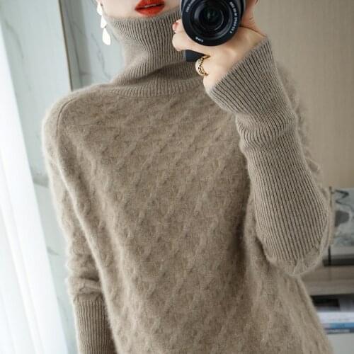 Ladies Turtleneck Sweater 100% Pure Wool Ladies Pullover Long Sleeve Pure Color Sweater Womens Loose Large Size Womens Top
