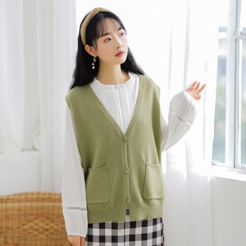 Knitted Vest Womens Spring Autumn Korean Version Loose V-neck Pocket Sleeveless Sweater Vest Cardigan Women Coat Female Tank