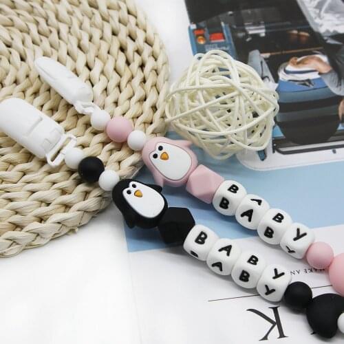 Cute-idea 1set Cartoon Penguin Silicone Animal Beads Chain DIY baby Personalized Name Pacifier Chain baby goods Teething Toys