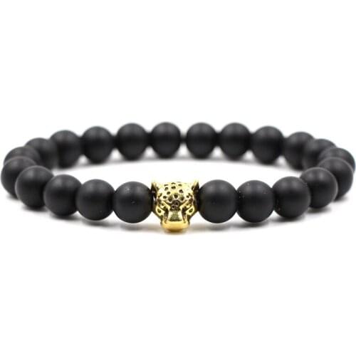 2019 Golden Leopard Head Beaded Bracelet Black Natural Stone Beads Bracelet Braceletfor Men Friend Gift Charm Strand Jewelry