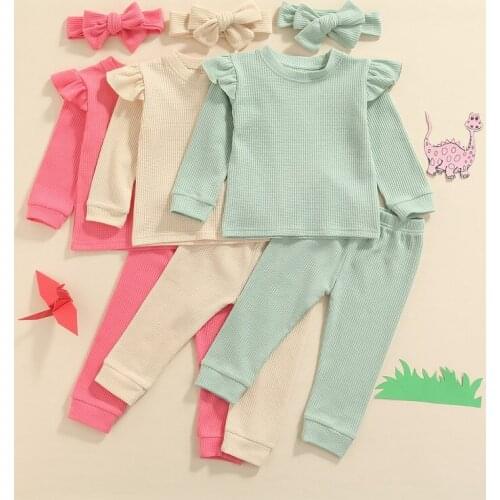 3PCS Set Infant Kids Baby Girl Solid Color Long Sleeve Cotton T-shirt Tops Long Pant Headband Outfits Autumn Clothes