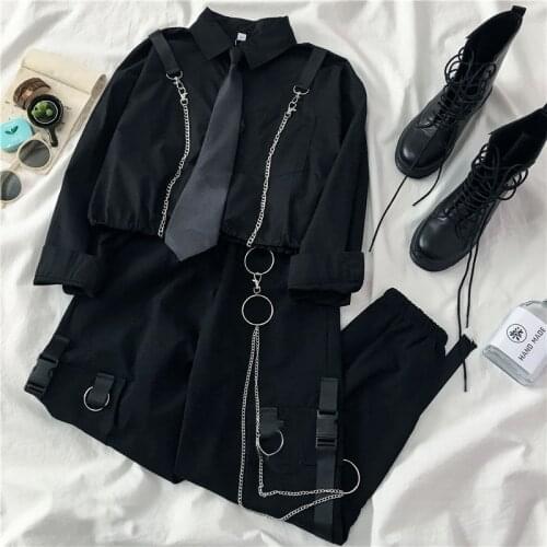 QWEEK Streetwear Cargo Pants Women Harajuku High Waist Two Piece Set 2021 Spring Korean Style Long Sleeve Hip Hop Oversize Pants