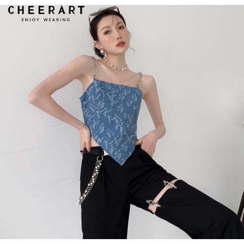 CHEERART Metal Chain Spaghetti Strap Crop Top Asymmetrical Jacquard Denim Top Summer 2021 Fashion Blue Tube Cami Top Clothing