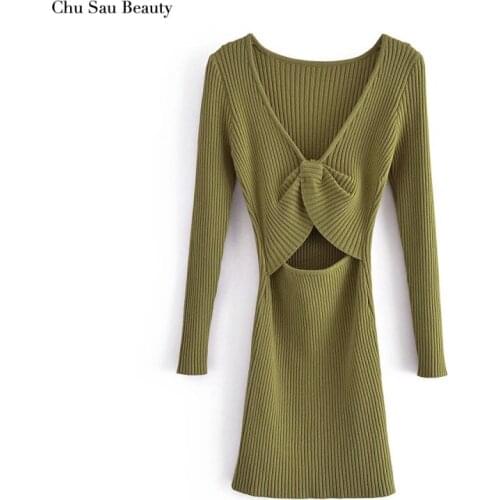 Chu Sau Beauty 2021 Autumn And Winter Womens Retro Bowknot Hollow Knit Sweater Dress Sexy Bag Hip Tight Dress