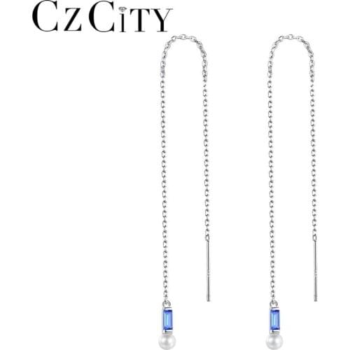 CZCITY Drop Earrings for Women Ear Line Long Chain Green Blue Gem 925 Sterling Silver Fine Jewelry Dating Christmas Gifts SE-510