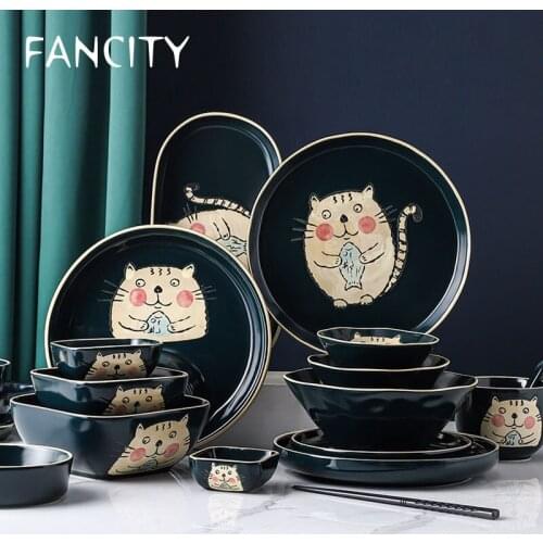 FANCITY Cute dish set, household bowl set, ceramic creative dish set, dish bowl Japanese tableware