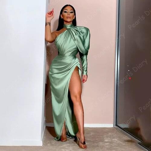 One Shouldr Emerald Green Evening Dress Mermaid Long Sexy Side Split Prom Party Gowns Halter Neck Celebrity Dresses