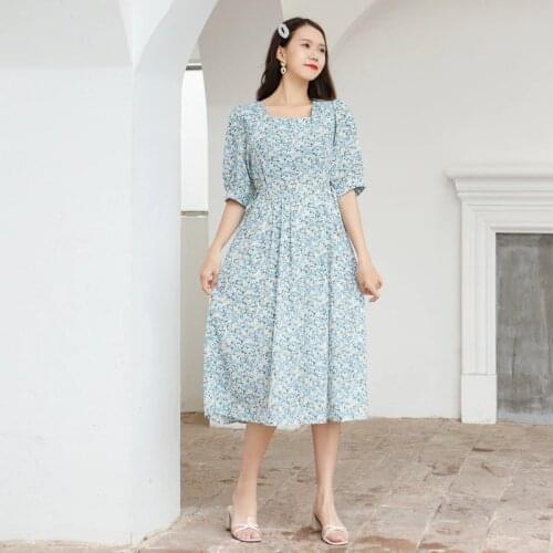 Summer Chiffon Floral Dress Women Short Sleeve Printed Long Dress Woman