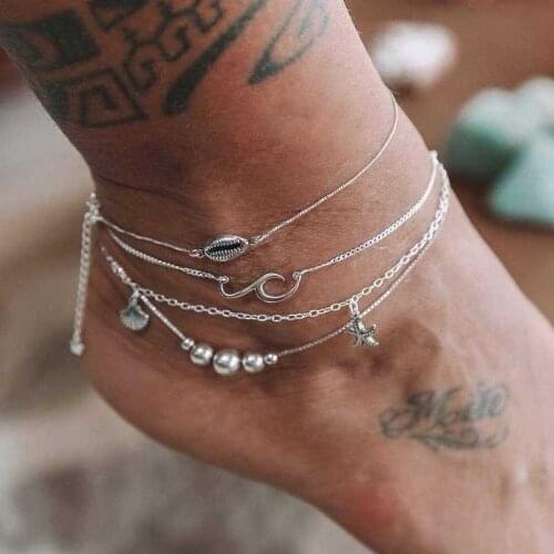 Trendy Beach Strand Beads Silver Color Shell Wave Anklets Bohemian Tassel Multilayer Adjustable Ankle Bracelet for Women Jewelry