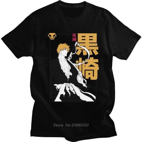 Manga Ichigo Kurosaki T Shirt Men Pure Cotton Fashion T-shirt Short Sleeve Japan Anime Manga Bleach Tee Top Harajuku