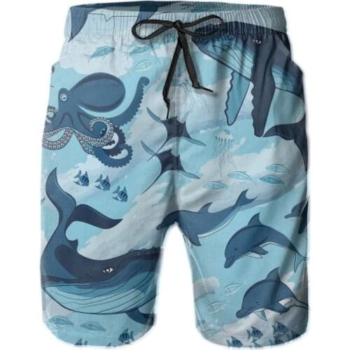 Mens Swimwear Swim Shorts Trunks Blue Whales Fishes Beach Board Shorts Swimming Swimsuits Running Sports Surffing shorts