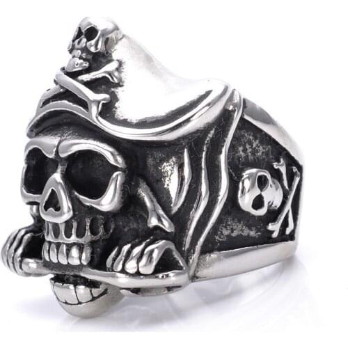 Mens Silver color Pirate Skull Knife Caribbean Biker Stainless Steel Ring