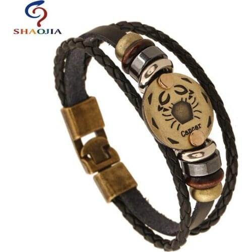 Cancer Constellation Bracelet Genuine Leather Bracelet Charm Mens Rockers Bracelets Popular Leather Bracelets Bangles Jewelry
