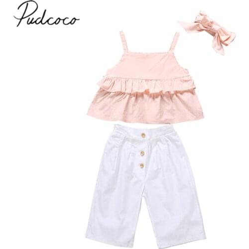 2020 Brand New 1-6Y Infant Kids Baby Girls Summer Clothes 3PCS Sets Pink Ruffles Vest T-Shirts+White Wide Long Pants +Headband