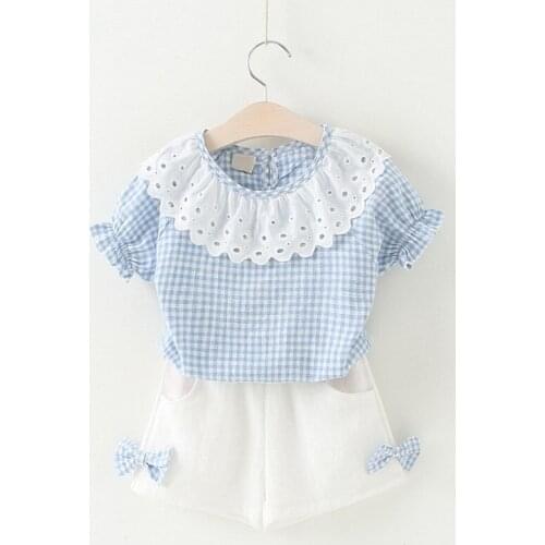 2019 children girls new summer good cute lace plaid cotton T-shirt +white shorts with bows clothing set 3-8 years