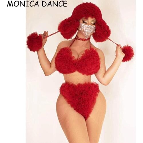 Nightclub Red White Transparent Sleeve Bra Short Cap 2 Style Outfit Bar Dance Show Prom Wear Women Dancer Singer DS Outfit Set