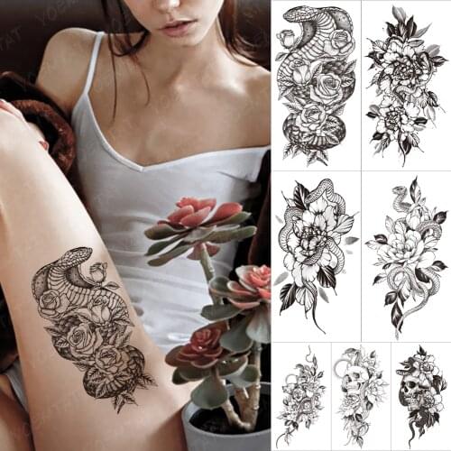Waterproof Temporary Tattoo Sticker Python peony flowers snake Flash Tattoos Old School Wolf Body Art Arm Fake Tatoo Women Men