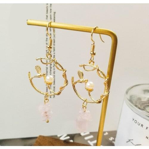 Luxury Gold Branches Dangle Earrings For Women Girls Korean Fashion Pearl Crystal Pink Stone Drop Earrings Party Wedding Jewelry