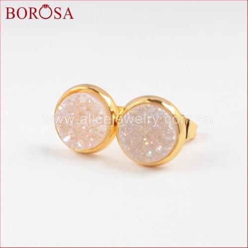 BOROSA 8mm Gold Color Round AB Color Natural Crystal Druzy Titanium Druzy Stud Earrings Fashion Jewelry Geode Earrings 198-7