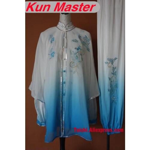Custom White And Blue Colors Gradient Tai Chi Performance Uniform Embroidery Martial Art Clothing For Kung Fu Three Pieces