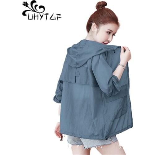 UHYTGF Cycling Hooded Sun Protection Clothing Women 2021New Summer Coat Breathable Loose Plus Size Jacket Outdoor Thin Tops 1658