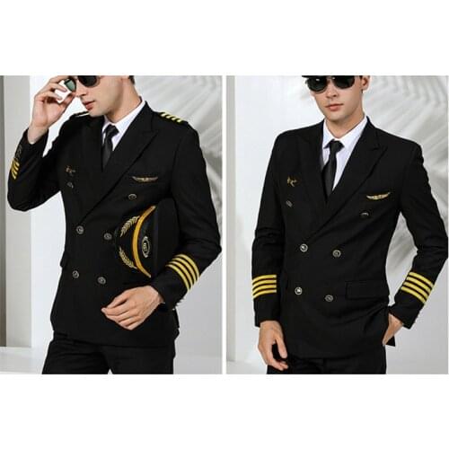 Mens Airline Pilot Uniforms Hair Stylist Black Navy Blue Suit Coat Slim Fit Workwear Big Size Male Solid Clothing