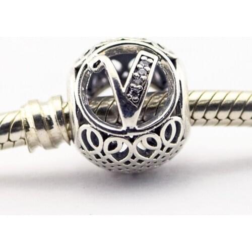 925 Sterling Silver Jewelry Fits Pandora Charms Bracelets Vintage V with Clear Cubic Zirconia Beads Free Shipping