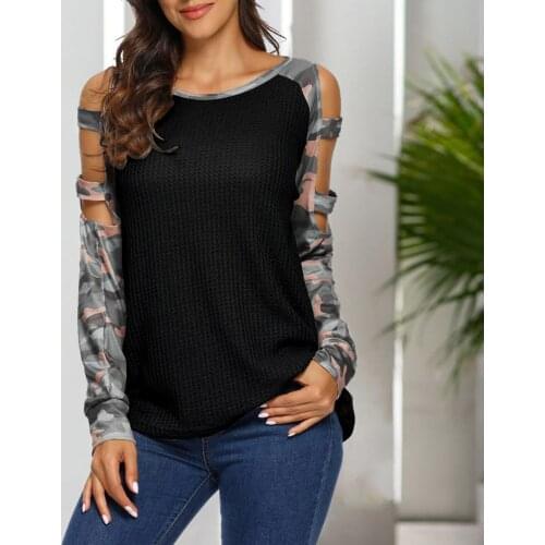 Women Camouflage Stitching O-neck T-shirt Hollow Long Sleeves Casual T Shirt Aesthetic Tee Shirt Femme Camisetas De Mujer