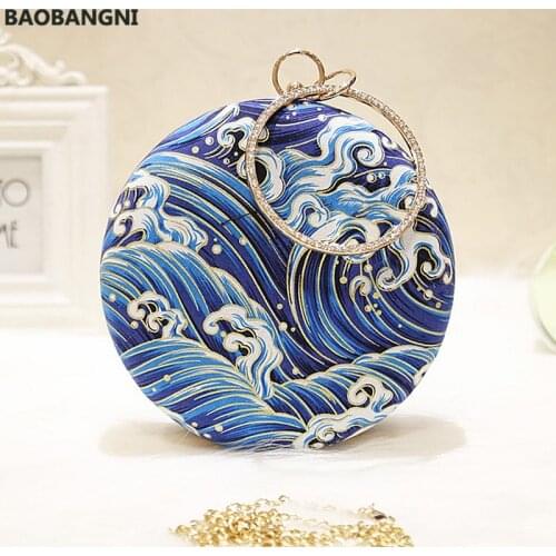 Women Retro Round evening bag blue fashion Rings Diamonds Clutches bag Lady embroidery wedding party Bags