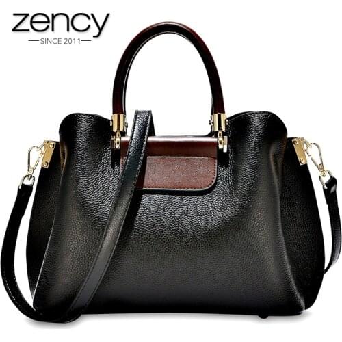 Zency Office Lady Tote Handbag 100% Genuine Leather Fashion Brown Female Crossbody Messenger Purse Large Capacity Shoulder Bags