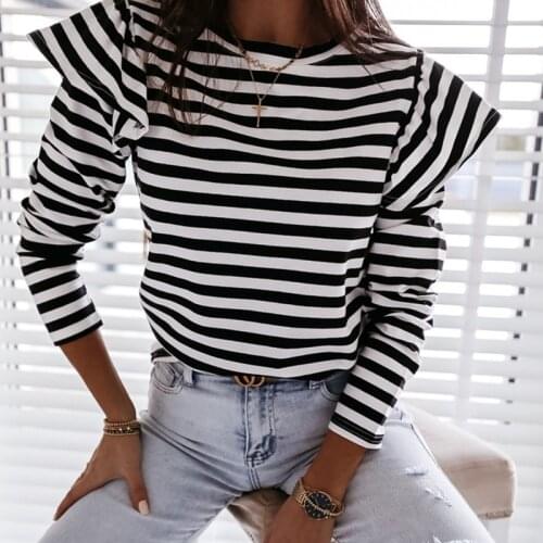 Women Striped Shirt 2020 Sexy Long Sleeve Top Party Round Neck Ruffle Woman Clothes Womens Tops and Blouses Autumn Female Shirt
