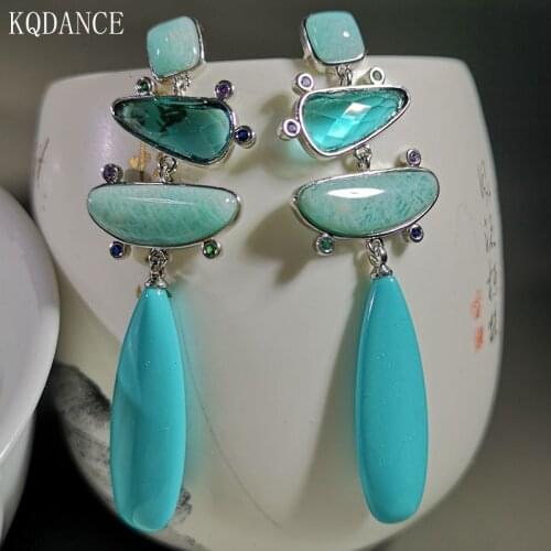 Amazonite Blue Turquoise Rose Quartz Green Natural stone Silver 925 Needle Long Drop Earrings For Women wholesale jewelry