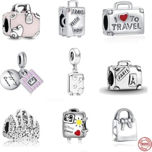 New Fine Pink Handbag Bead Blue Travel Suitcase Charm Fit Pandora Original Sterling Silver 925 Bracelet For Women Jewelry Gift