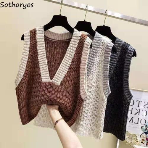 Women Sweater Vest Sleeveless Patchwork Knitted Loose Tops Students All-match Korean Style Jumper Fashion Ulzzang Outwear Autumn